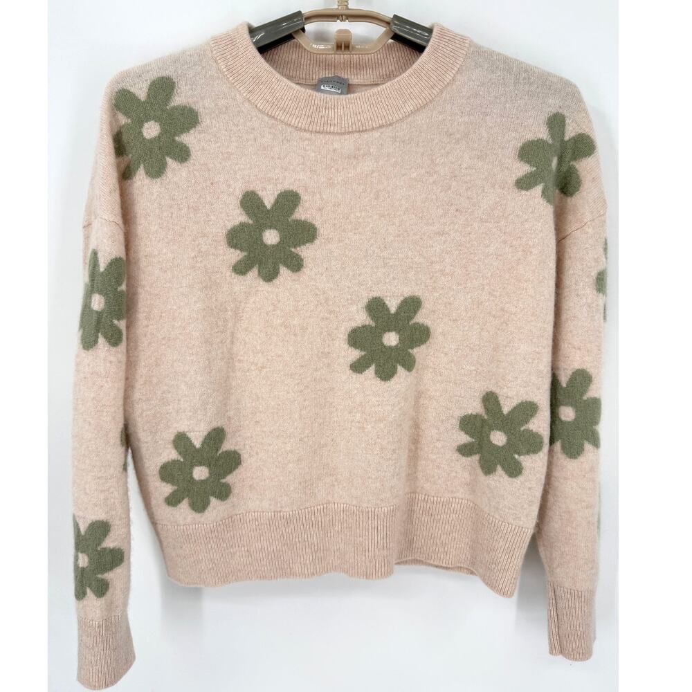 Nouveaux Anthropologie 100% Cashmere Flower Sweater Oatmeal Moss green Medium